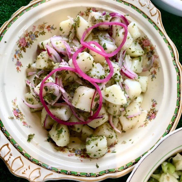 German-ish Potato Salad with Vinaigrette, Capers and Red Onion (Vegan)